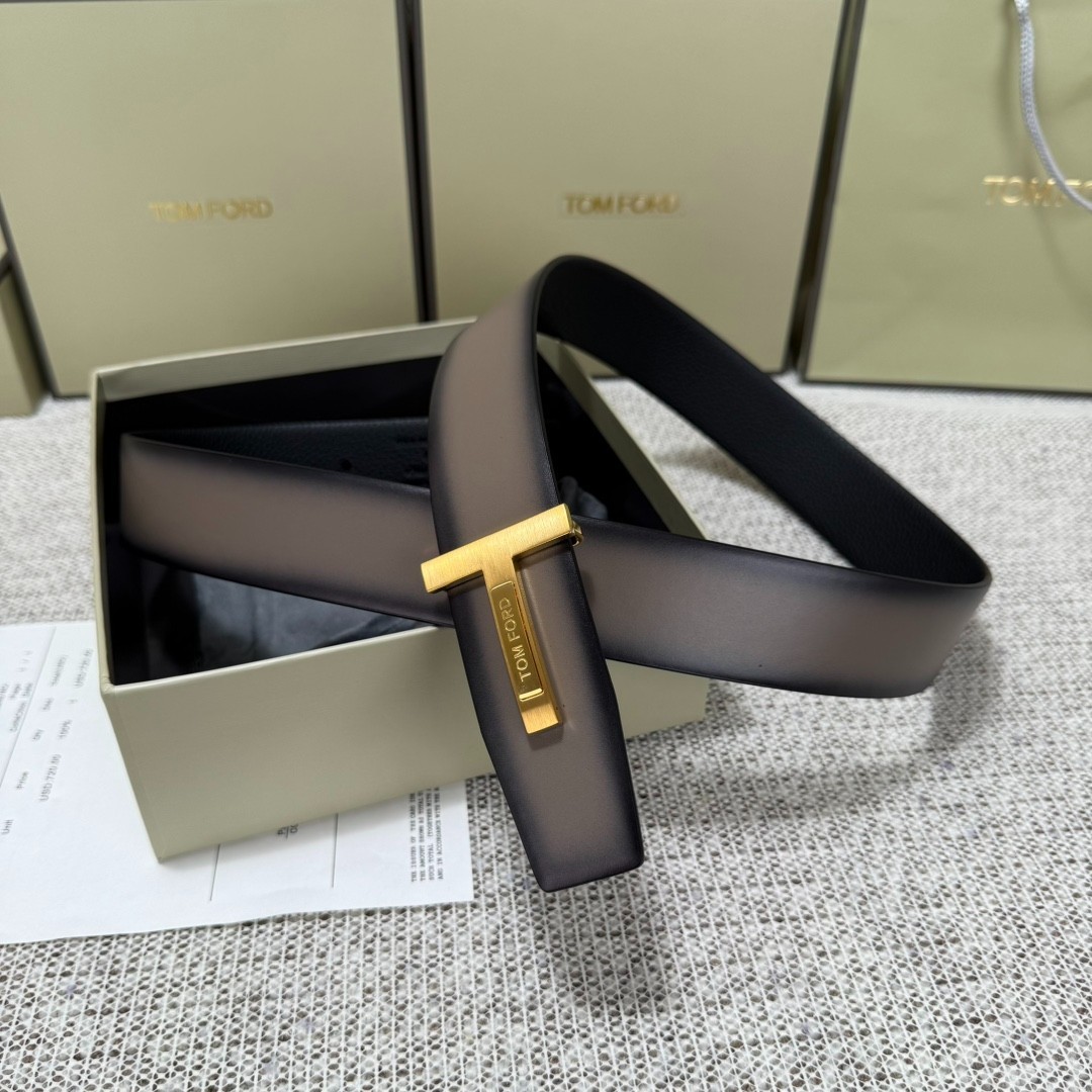 TOM FORD Mens Reversible Brown/Black Leather Insert Buckle Gold T Belt
