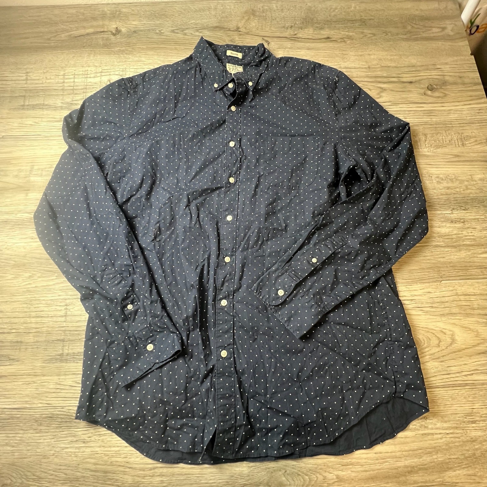 J.Crew Button Down Men XLT Navy Blue Polka Dot Secret Wash Stretch Classic Shirt