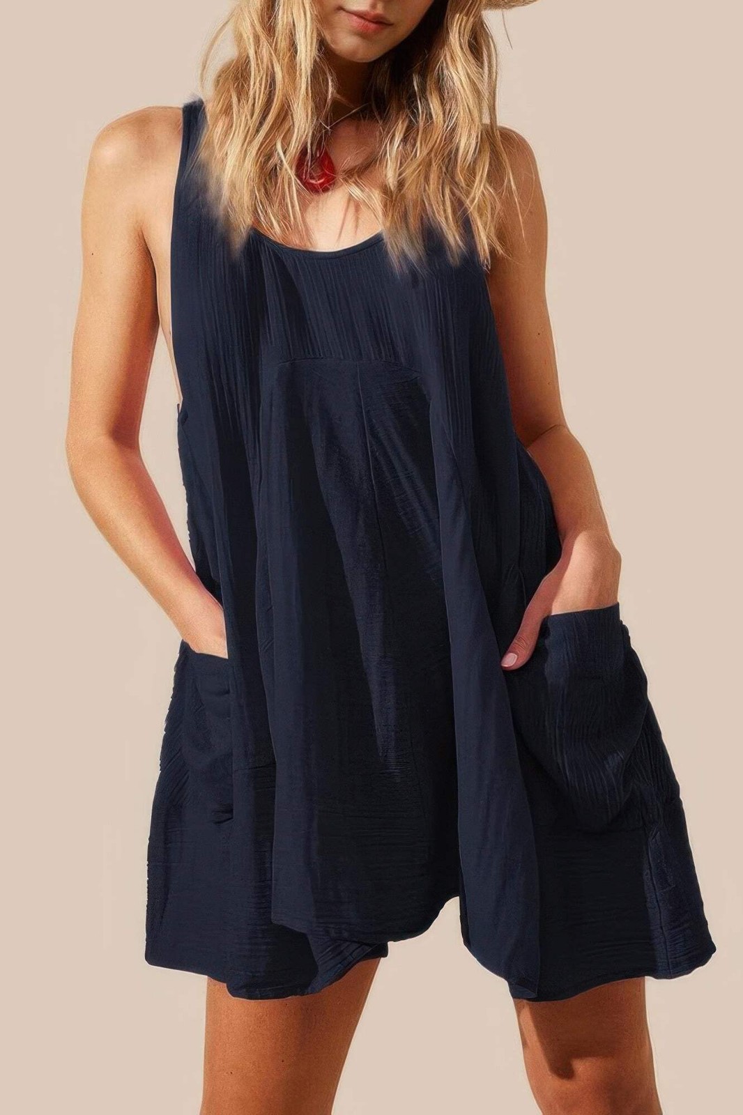 U Neck Backless Sleeveless Mini Pocket Dress
