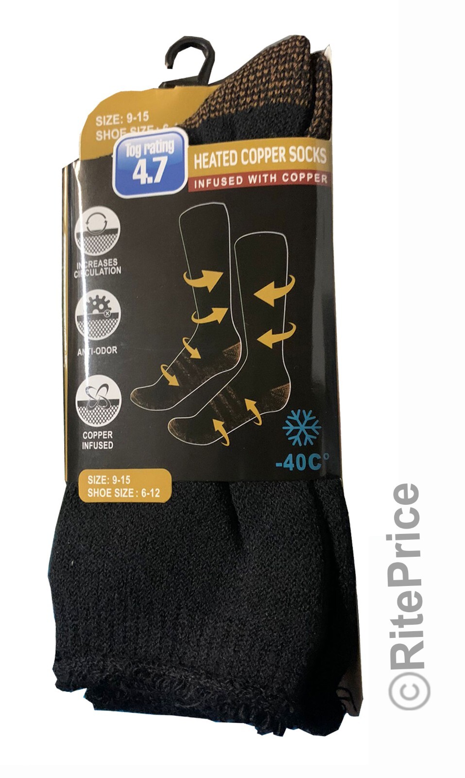 2 Pairs (2 Pack) Goldstar Heated Copper Socks Black Tog Rating 4.7 (Size: 9-15)