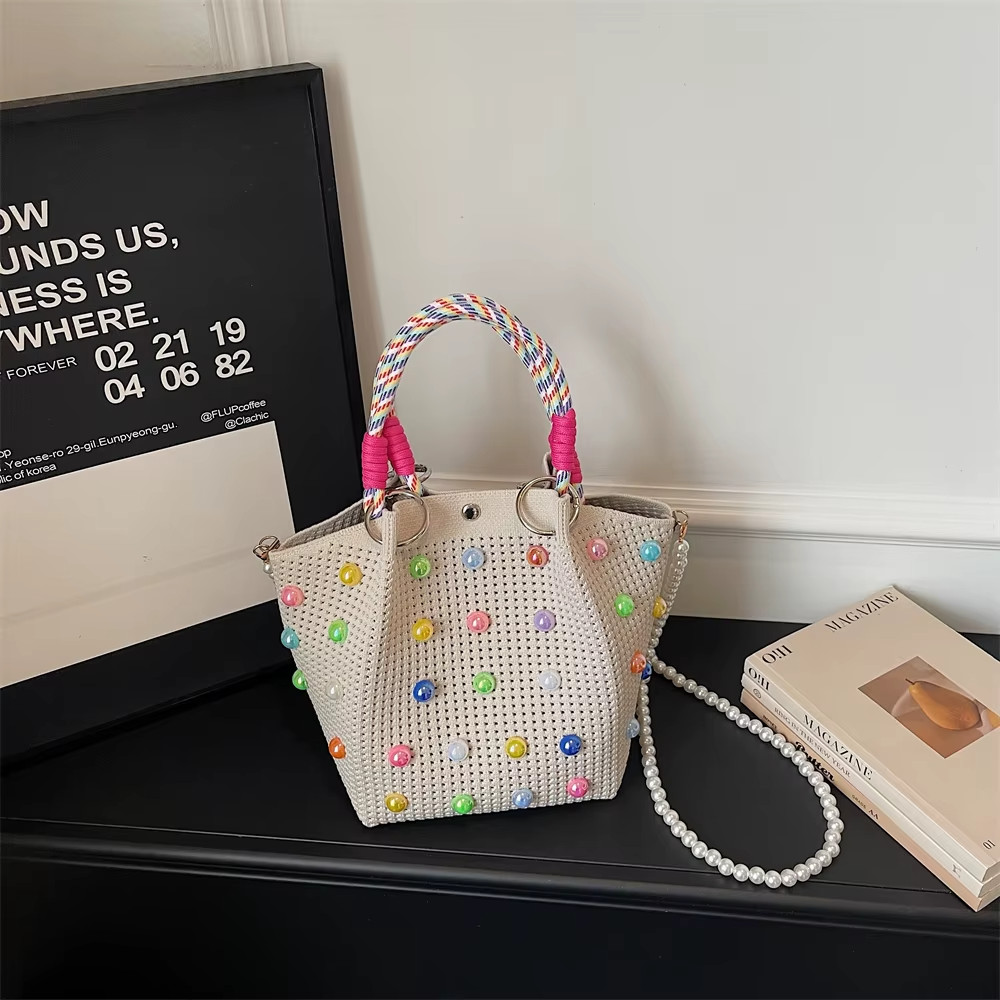 2026 Women Mini Woven Bucket Bag Candy Bead Top Handle Crossbody Handbag