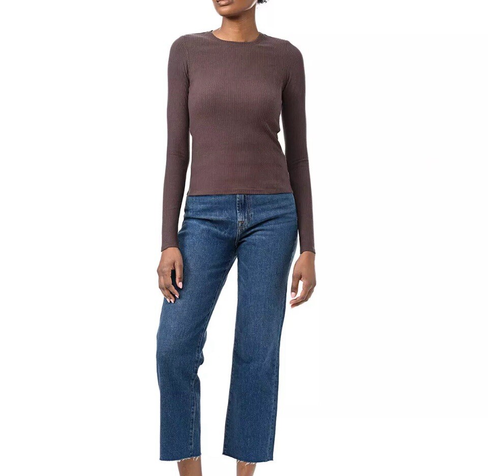 Splendid Womens Rib Classic Long Sleeve Crew Neck Tee, Size Medium, Color Brown.