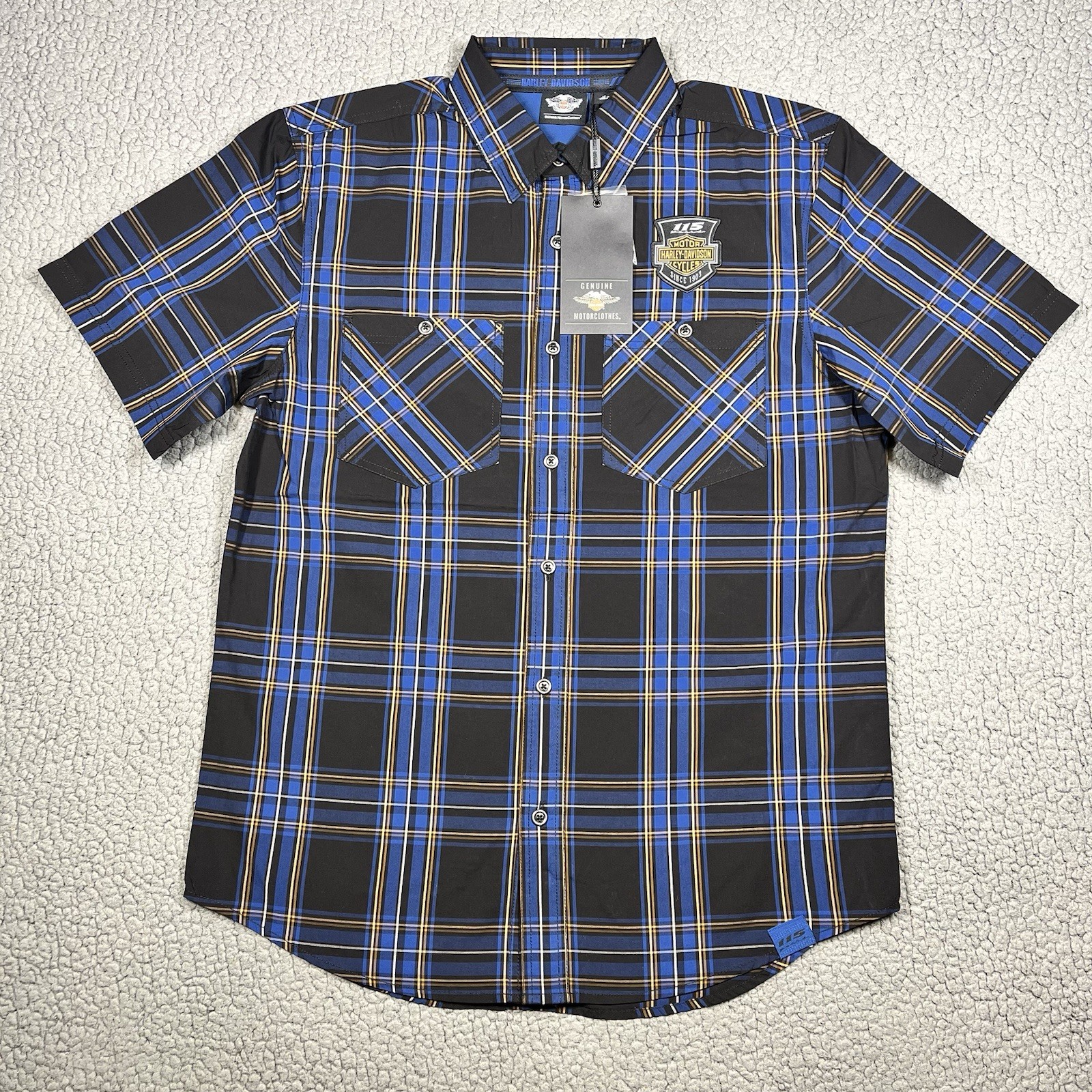 Harley-Davidson Mens Shirt Size M Blue Plaid Short Sleeve Button Down 115 Years