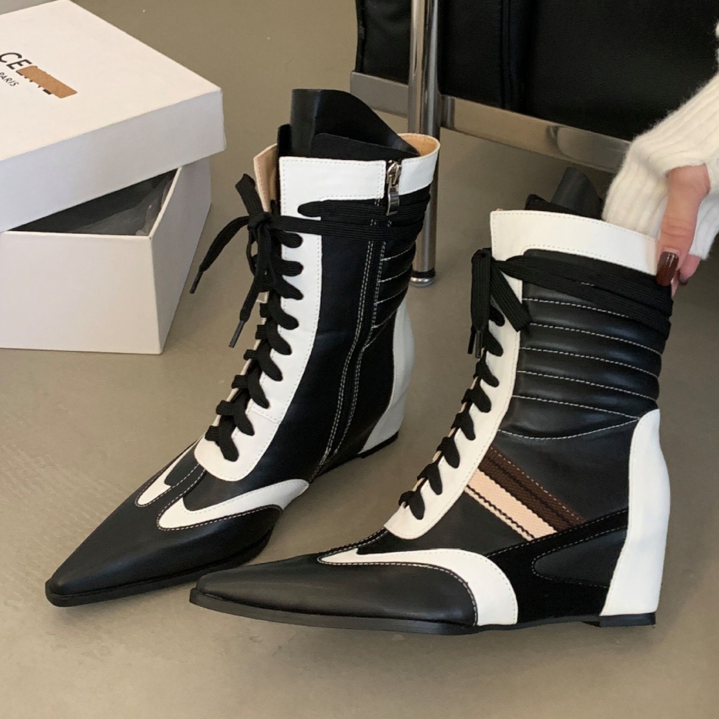 Women’s Pointed Toe Ankle Short Boots Two Tone Color Block Patchwork Shoes 2026