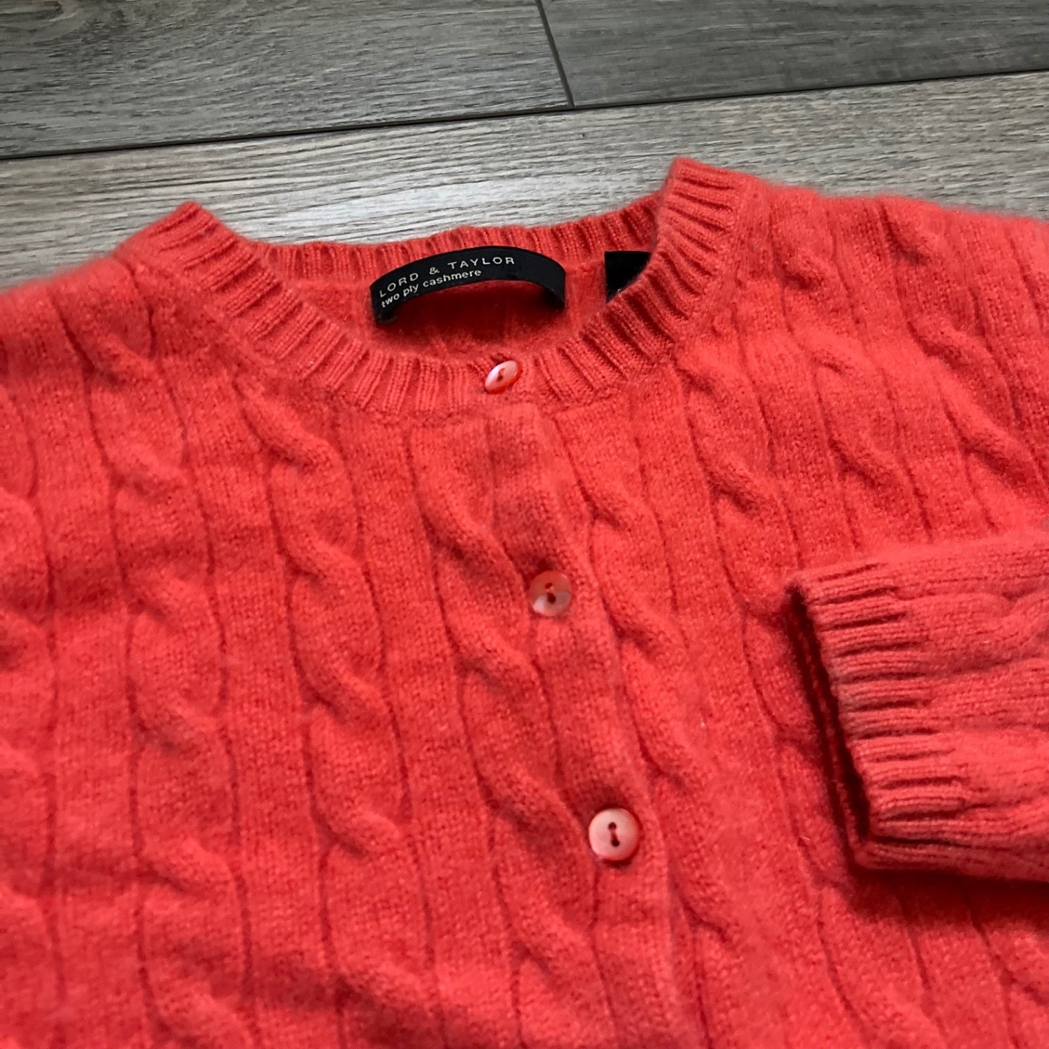 Lord & Taylor Women’s M Cardigan Cable Knit Sweater 100% Cashmere Coral