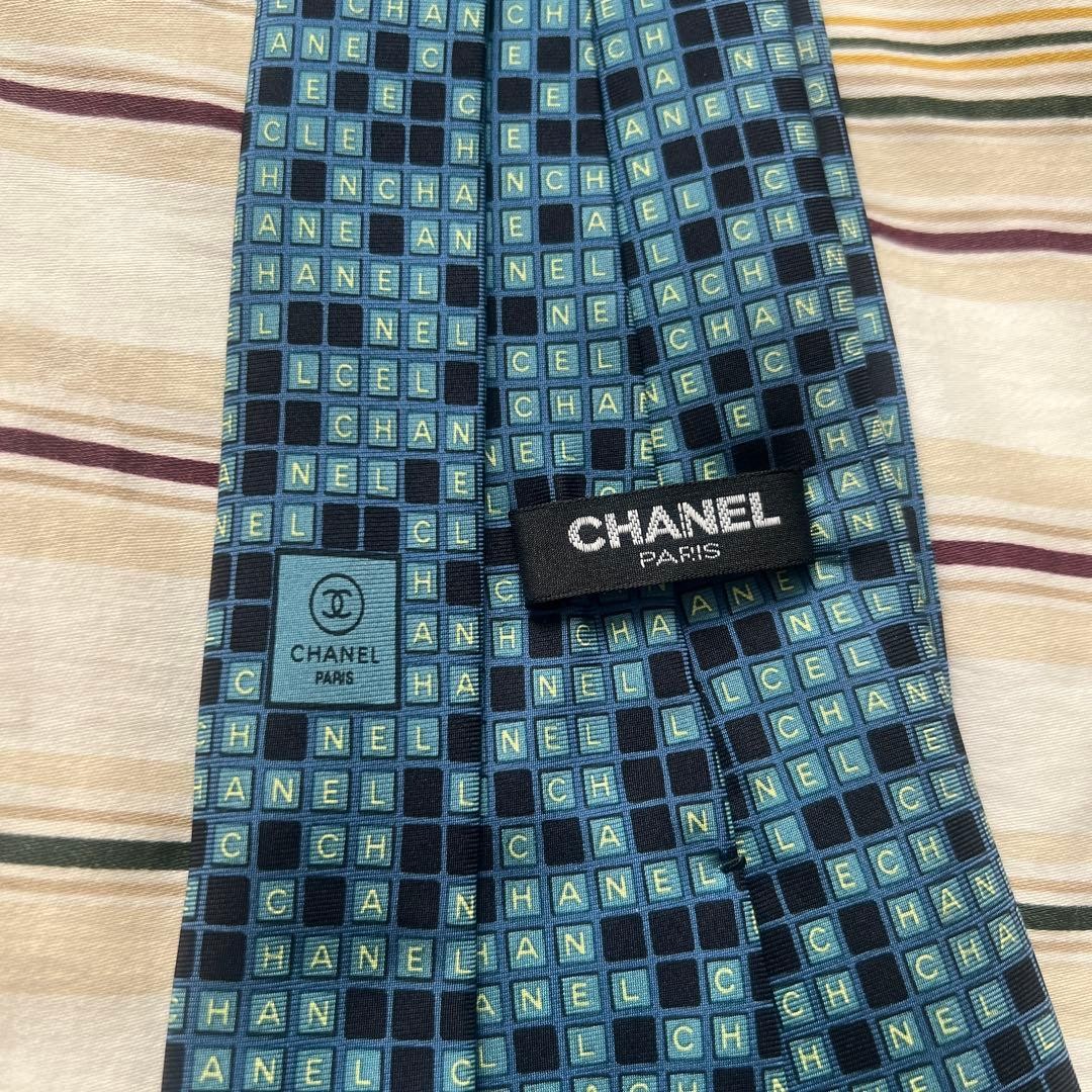 CHANEL Silk Logo Block Pattern Tie Green Black 9.7cm Width Good Condition