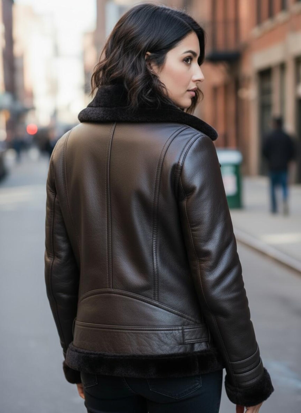 Womens Dark Brown Lambskin Leather B3 Bomber Jacket, Faux Shearling Moto Coat