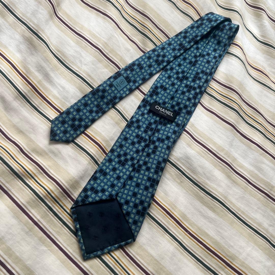 CHANEL Silk Logo Block Pattern Tie Green Black 9.7cm Width Good Condition