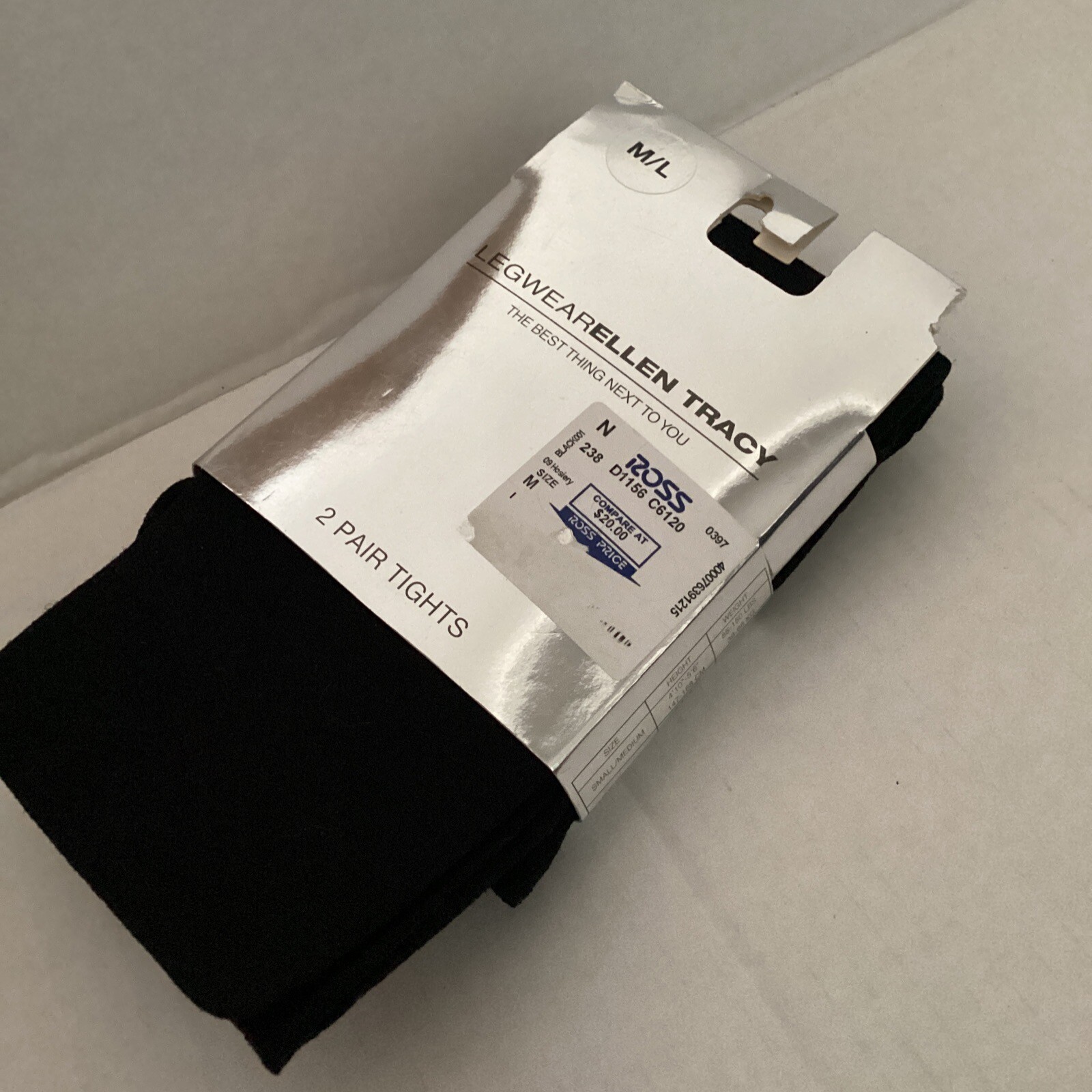 NWT Ellen Tracy Legwear 2 Pair Tights Black Black 90% Nylon 10% Spandex M/L NEW