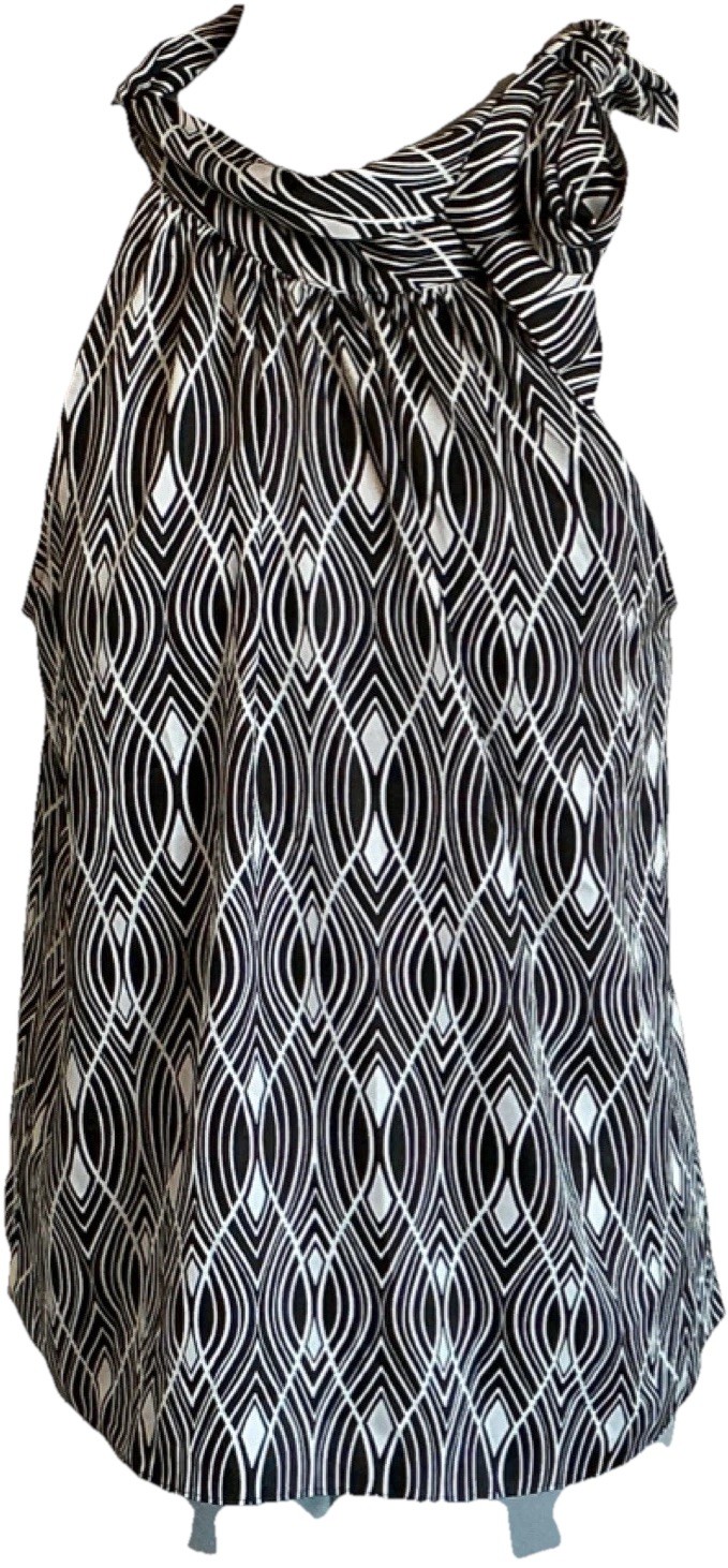 Ann Taylor LOFT Black White Geometric Halter Tie Bow Woven Blouse LPET