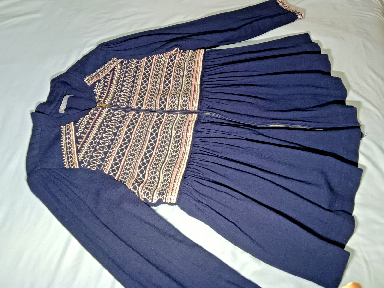 Octavia Zip Front Smocked Shirt Cotton 3/4 Sleeve Swing Peblum Fair Isle Size S
