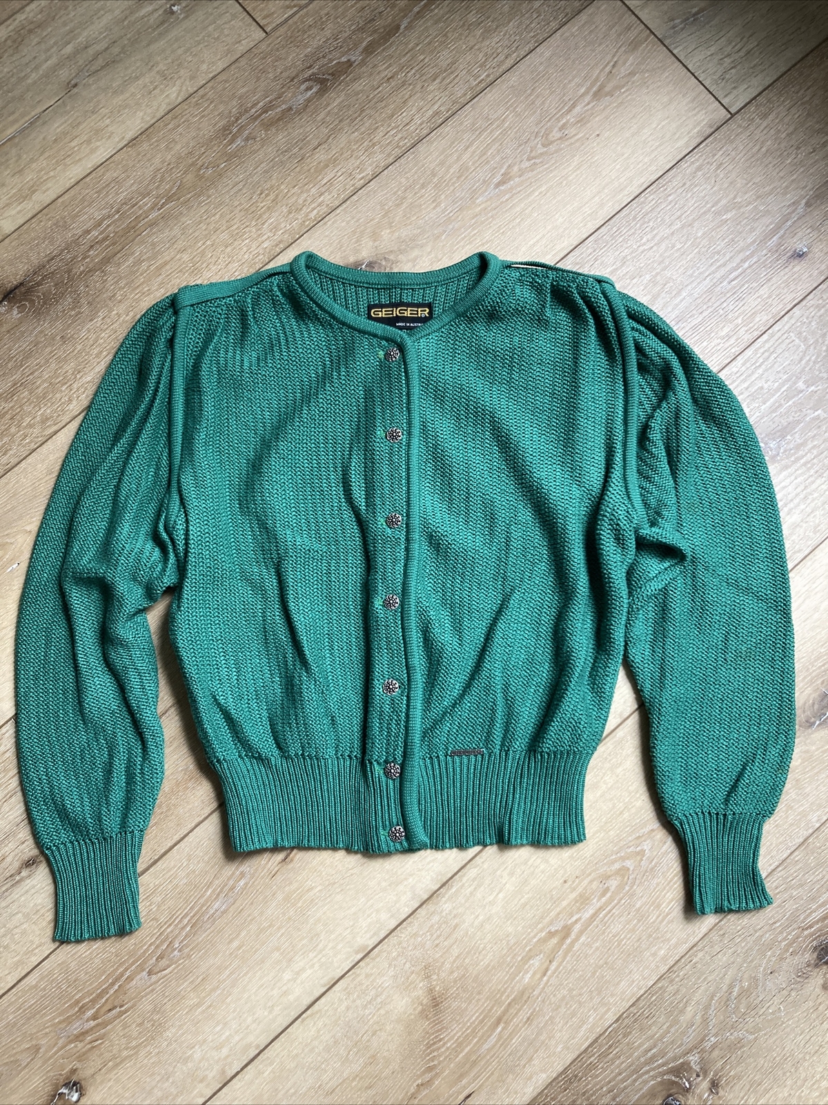 Vintage Geiger Kelly Green Knit Cotton Cardigan Sweater Size 42 Women’s