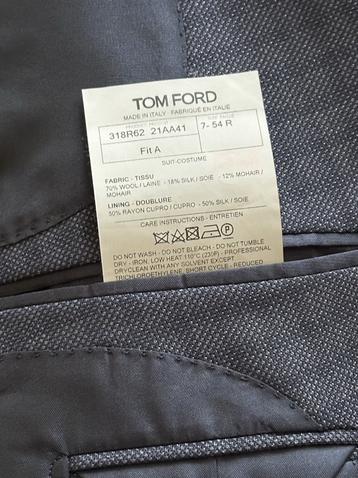 $4.8k NWT TOM FORD Grey Check 44R eu54 2 pc Windsor Wool Silk Mohair suit ITALY