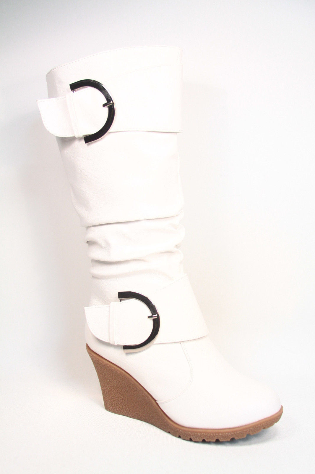 Women’s Cute Round Toe Slouch Buckle Wedge Mid Calf Boot Shoes Size 5 -11 NEW