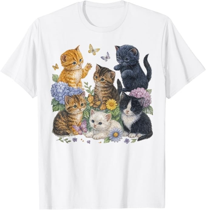 Cat Flower Floral Cute Kitten Vintage Flowers Art Cat Lover T-Shirt