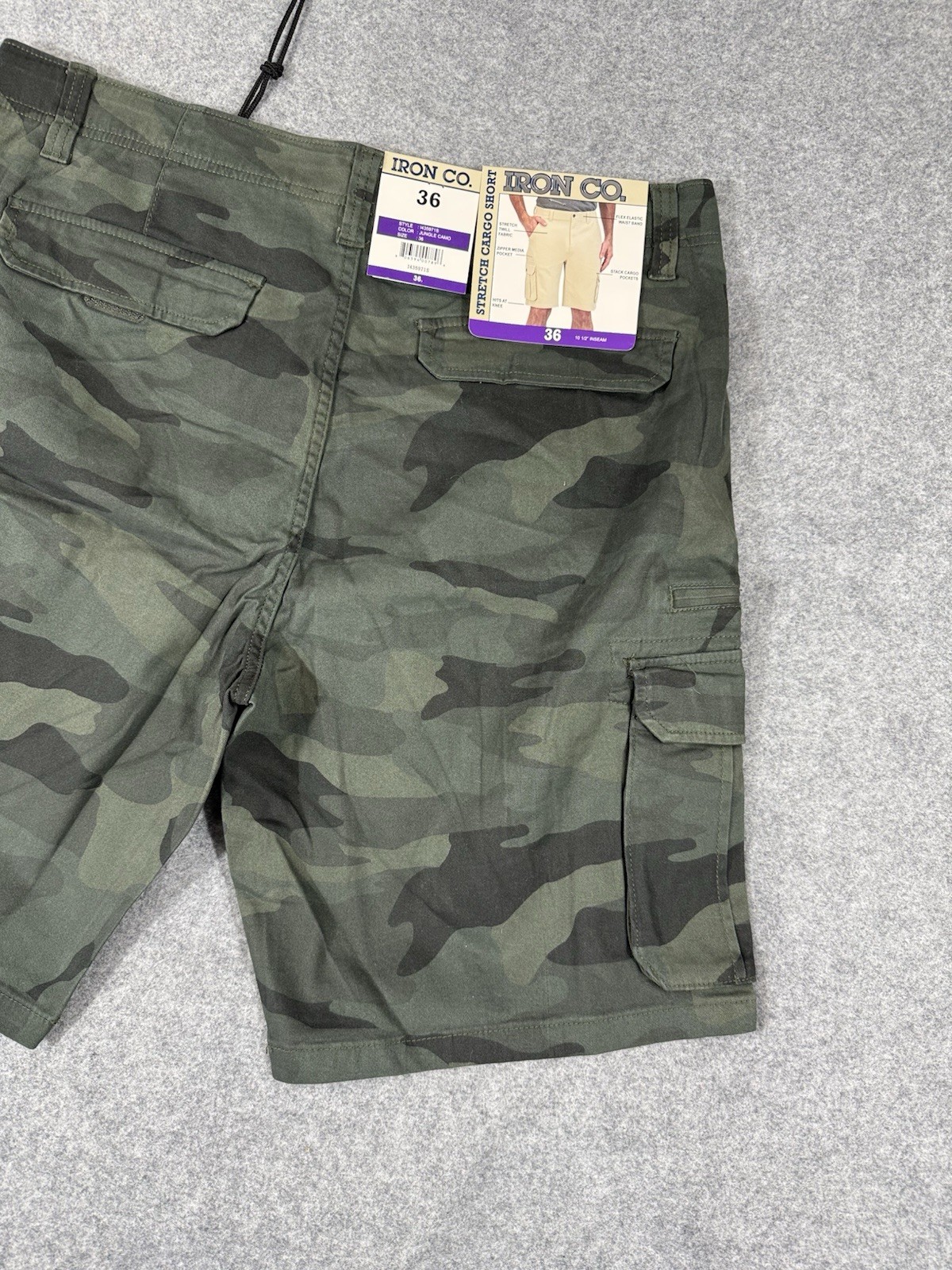 Iron Co Jungle Camo Cargo Shorts Men Size 36X10 Green Camouflage Stretch NWT