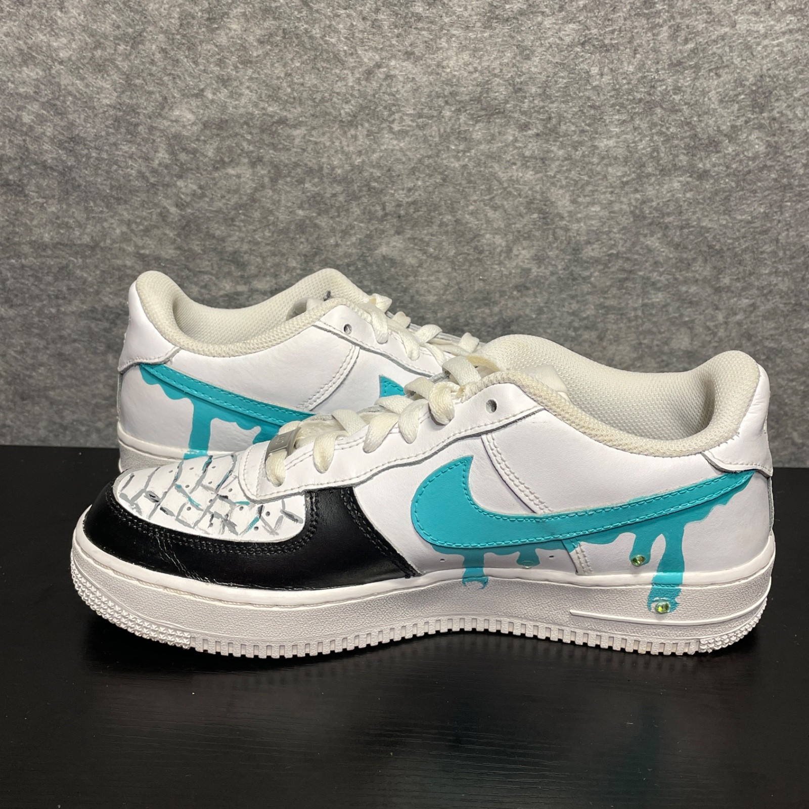 Nike Custom Shoes Mens Youth 7Y EU 40 White Teal Black Drip AF1 Sneakers