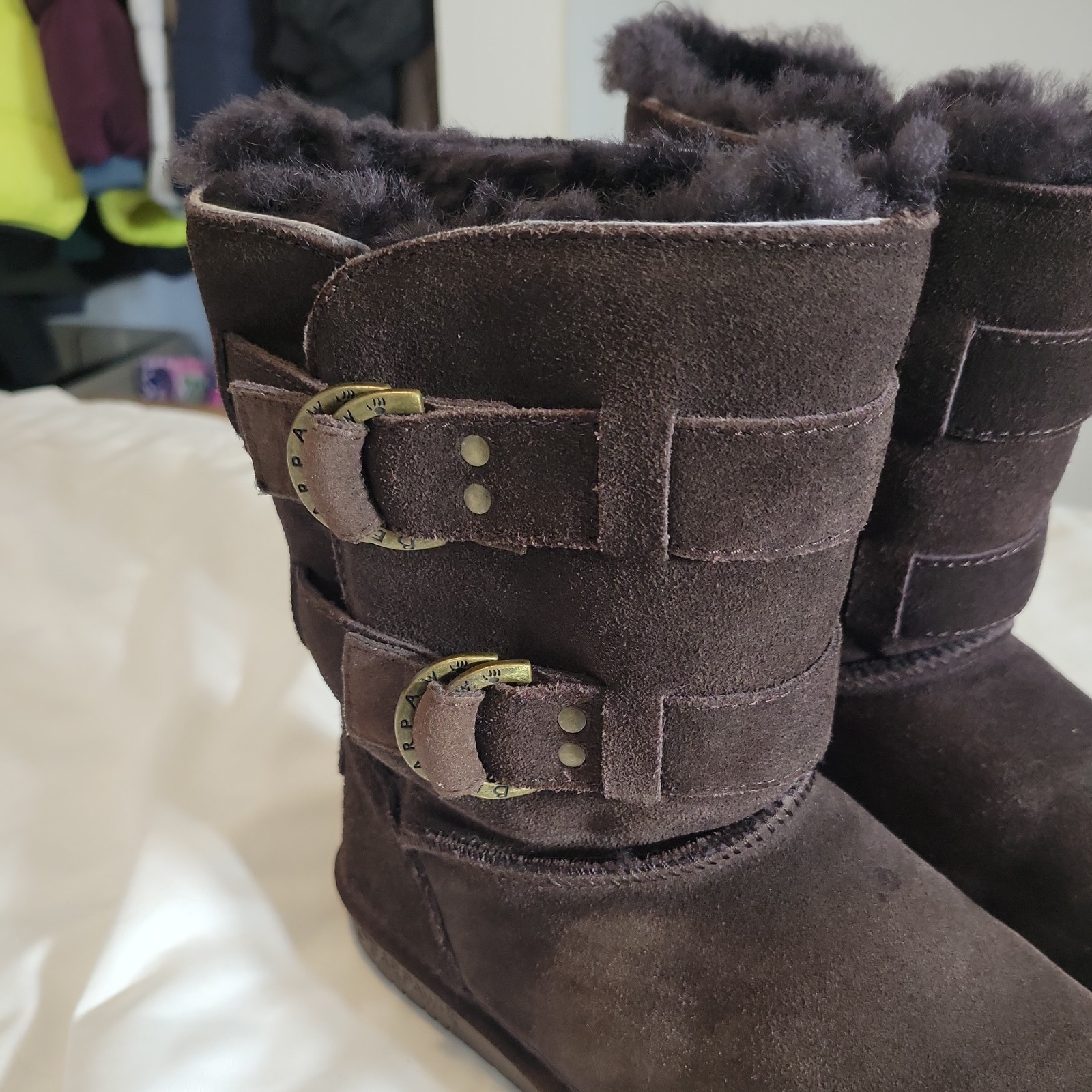 BEARPAW Women’s Brown Suede Faux Fur Lined Buckle Mid-Calf sz7 Snow Boots Size 8