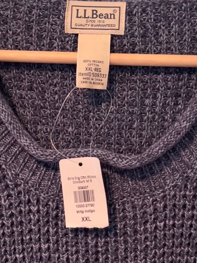 L.L. Bean Organic Cotton Fisherman Sweater 2XL Blue Roll Neck Waffle Knit NWT