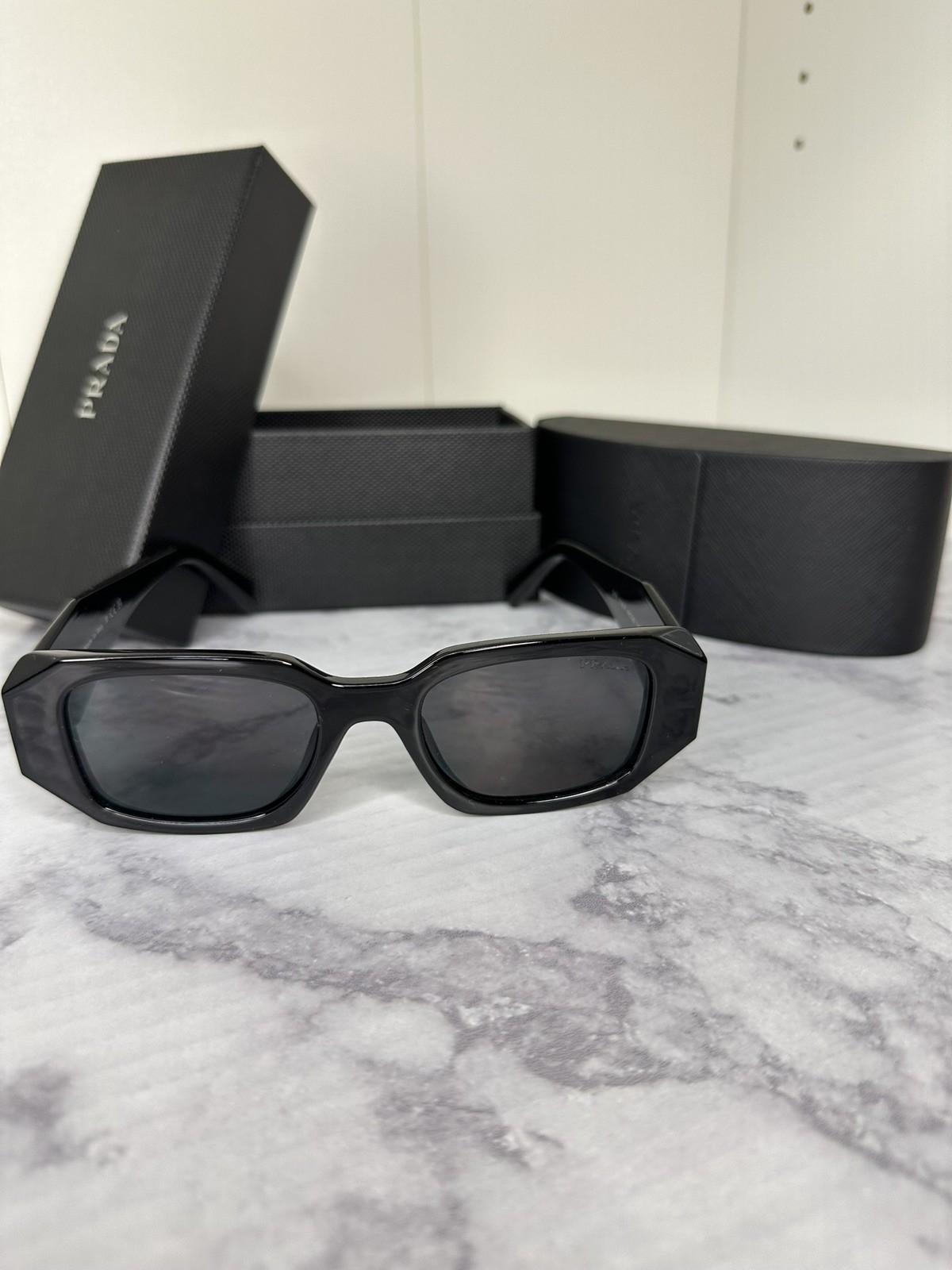 PRADA SPR 17W-F Rectangle Sunglasses Black Frame Gray Tinted Lens