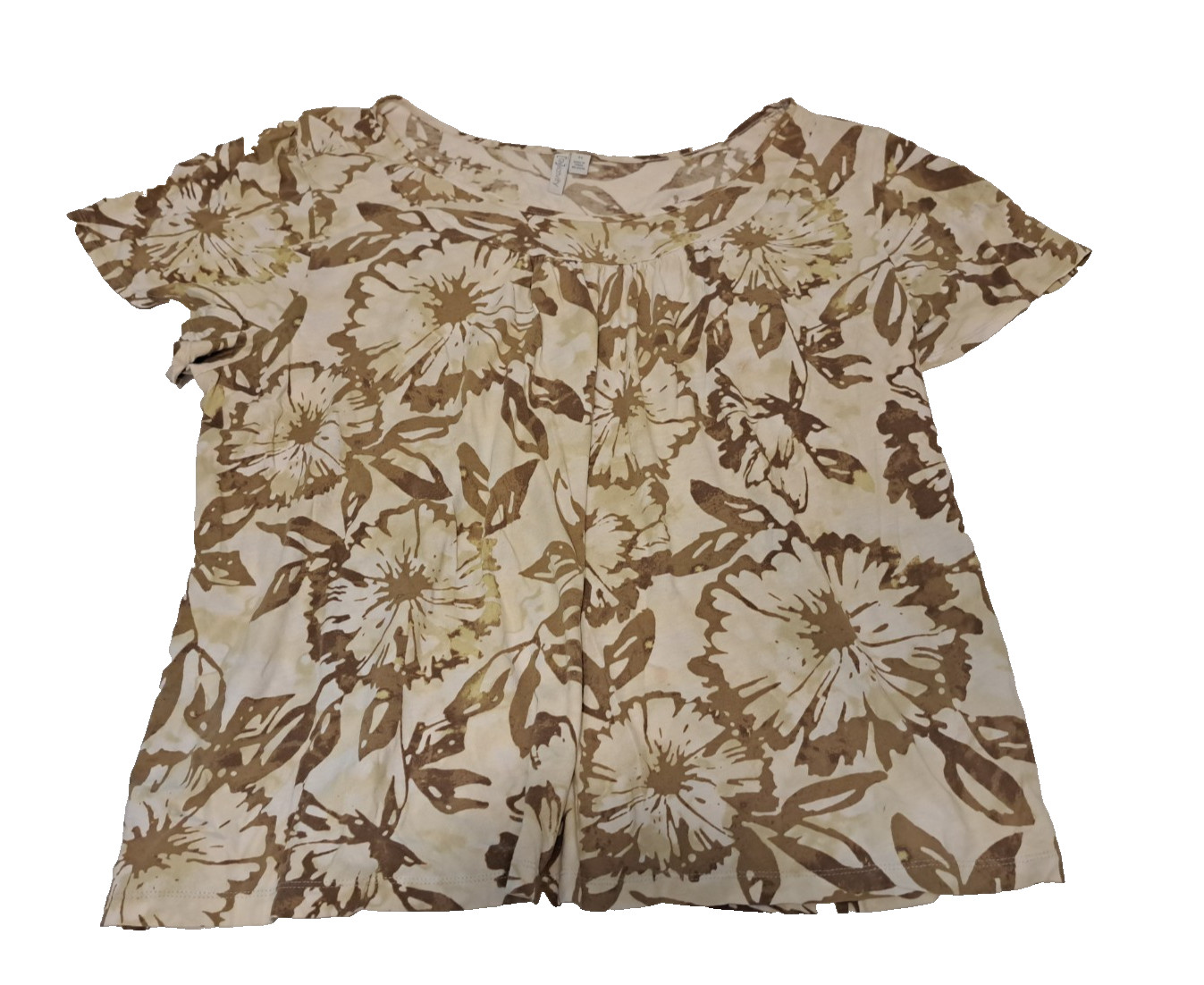 Relativity brand women’s olive green & cream colored cap sleeved shirt w/flaws