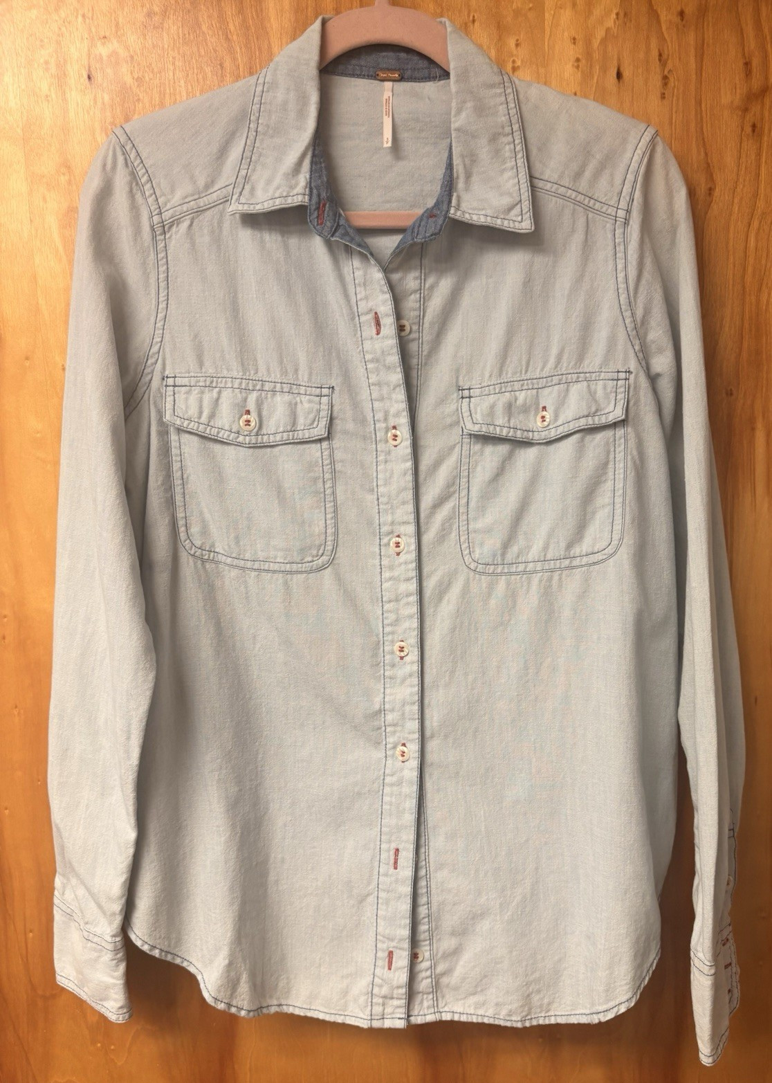 Free People Women’s S/P Blue Denim Button Front Paisley Long Sleeve Shirt