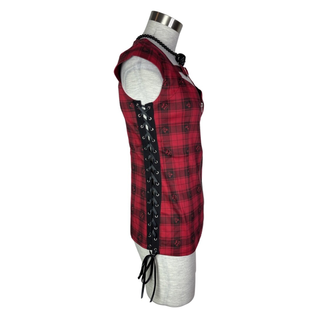 JAWBREAKER PUNK ROCK TATTOO SKULLS RED PLAID ME UP FRONT ZIP TOP SHIRT TPA1743