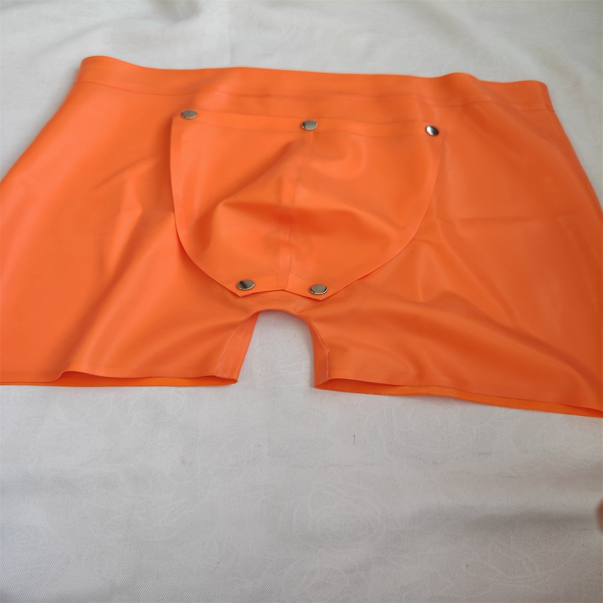 Men Latex Boxer Rubber Shorts Front Hole Orange Underwear
