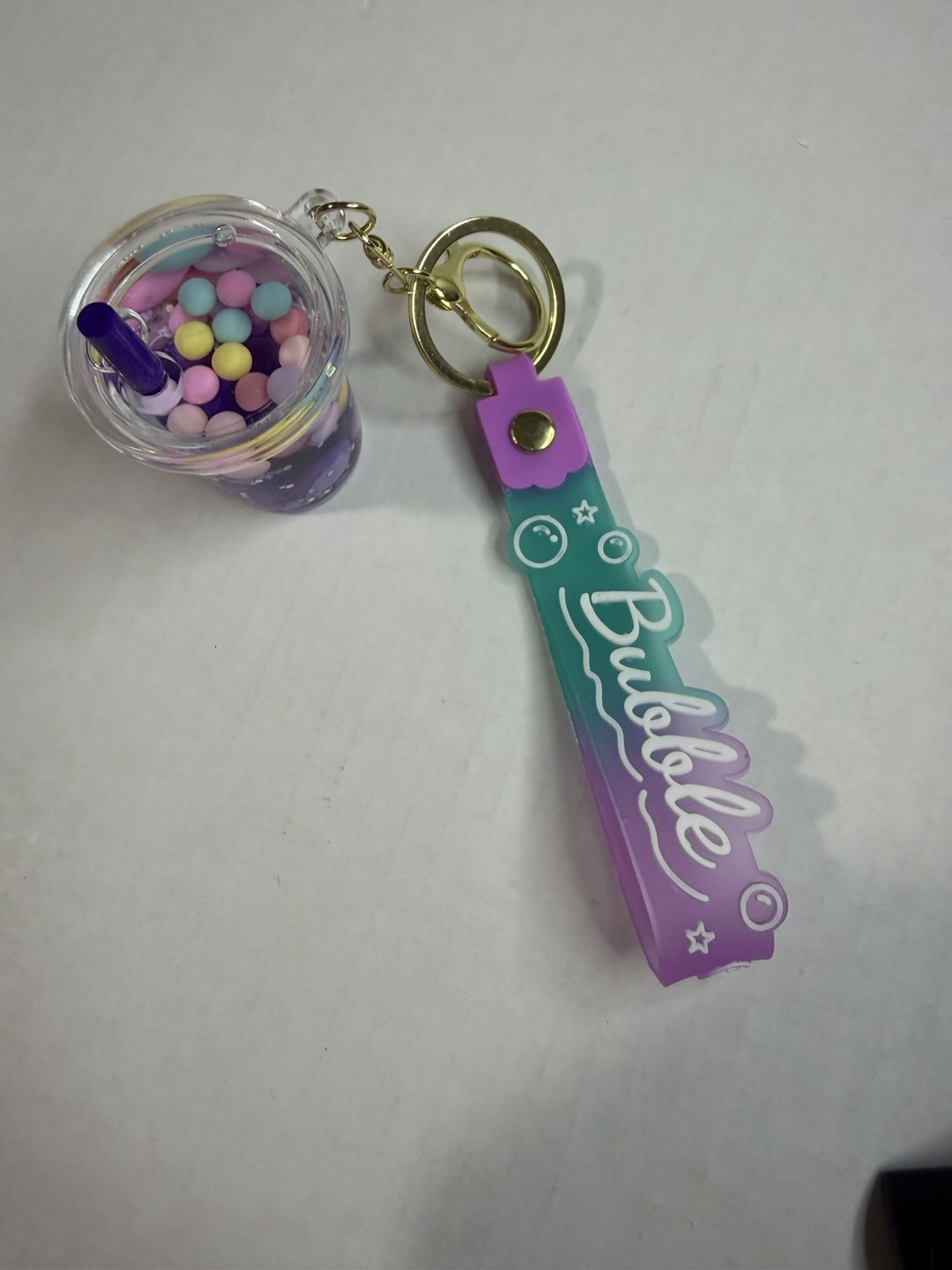 Bubbles Key Chain Keyring Purple Teal Plastic Drink Cup Charm w/ Strap Accent