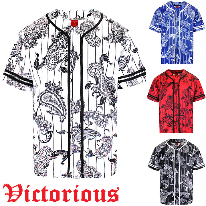 Men’s Bandana Paisley Striped Button Down Baseball Jersey Tee Shirt S~5X BJ51EY
