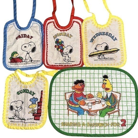 Vintage 60s Snoopy Days Of The Week Bibs & Sesame Street Place Mat