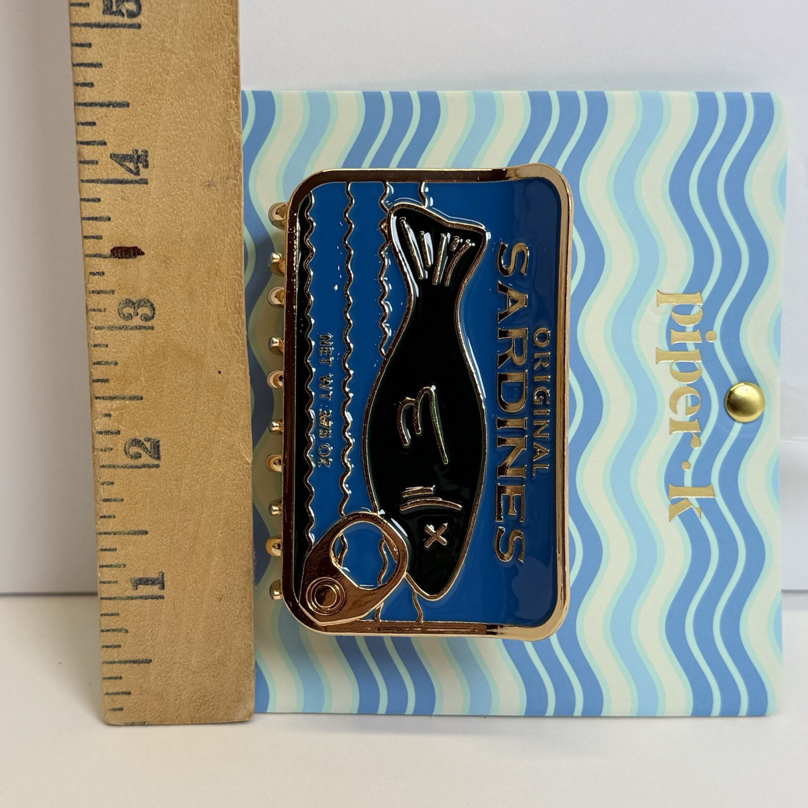 Piper K Original Sardines Hair Claw Clip Blue Gold Enamel Novelty Tinned Fish