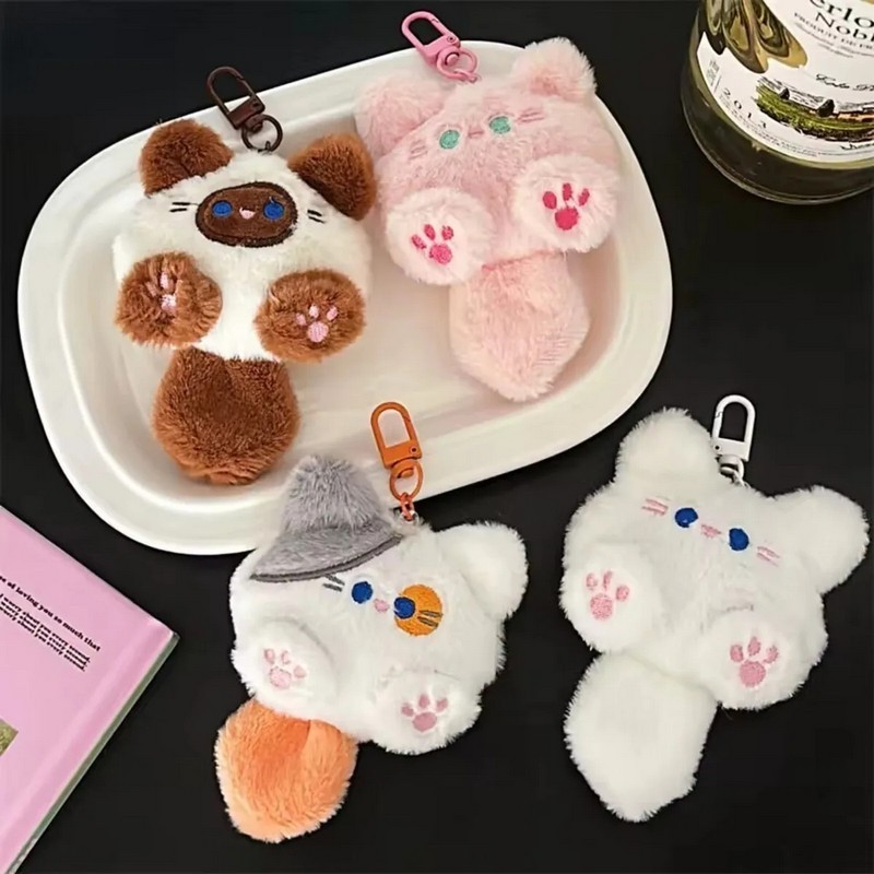 Plush Cat Keychain Bag Charm Pendant for Girl Purse Backpack White Pink 11cm