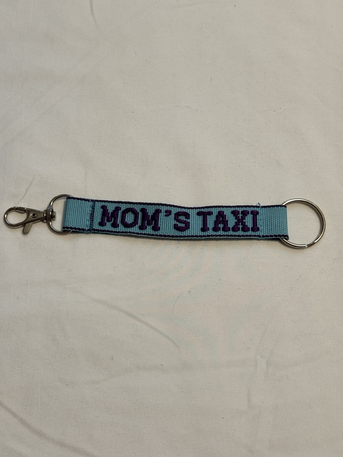 Monogrammed Keychain Backpack Purse Clip Mom’s Taxi Purple Light Blue Grosgrain