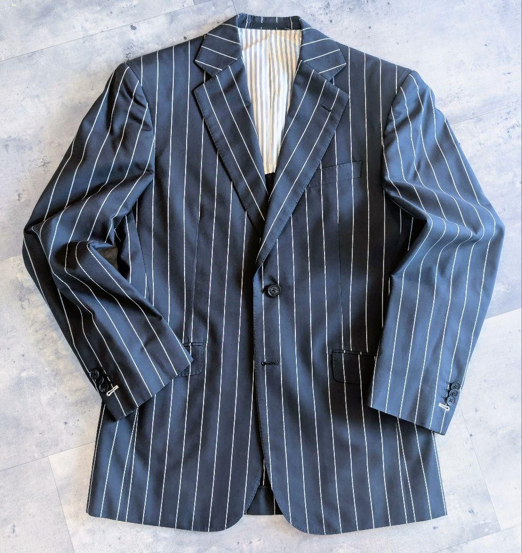 ERMENEGILDO ZEGNA Chalk Stripe Suit Black Cotton Silk Slim Fit 38R 2 Piece