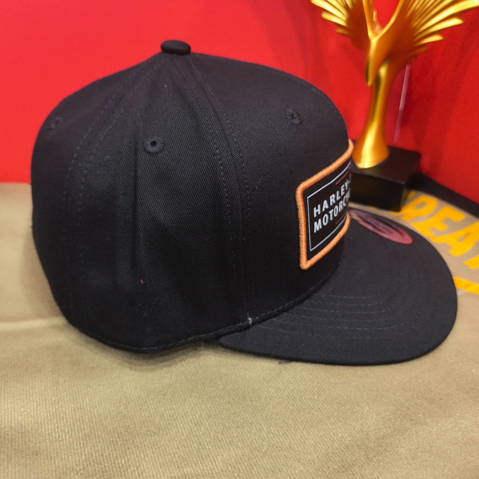 Harley-Davidson Orange-Bordered Patch Logo Flat-Brim Cap Black Adjustable