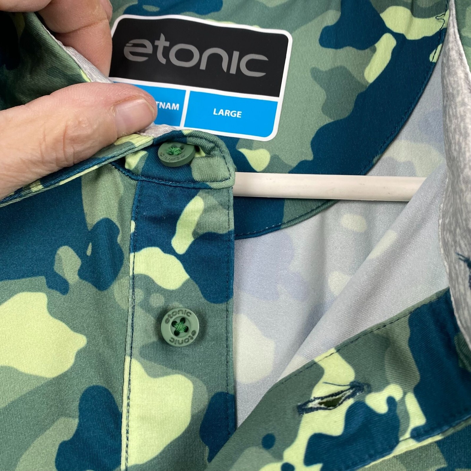 Etonic Mens Polo Shirt Large Green & Blue Camouflage Polyester Spandex Blend