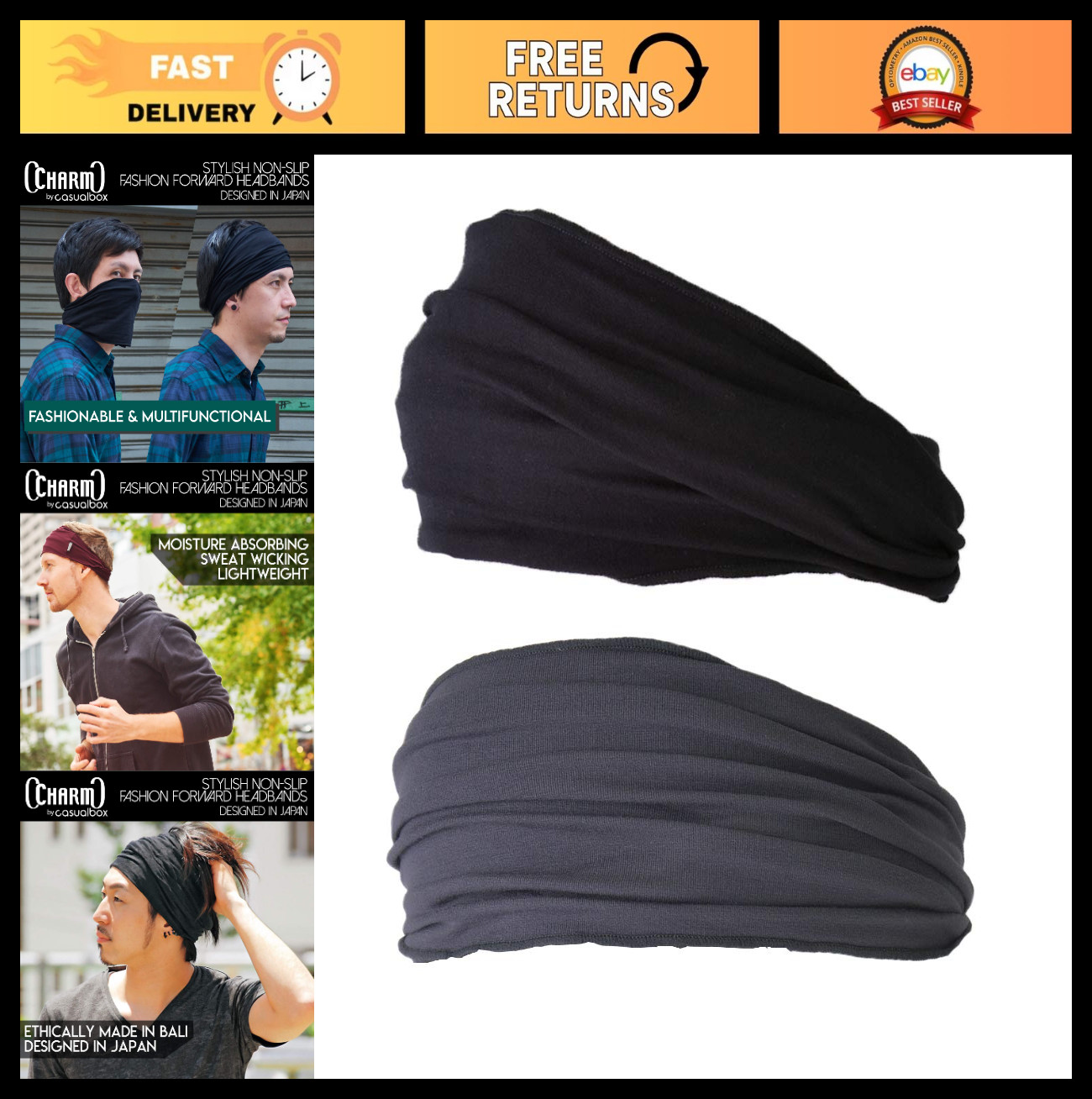 Japanese Style Headbands for Men & Women – Elastic Workout & Yoga Head Wraps, 2-