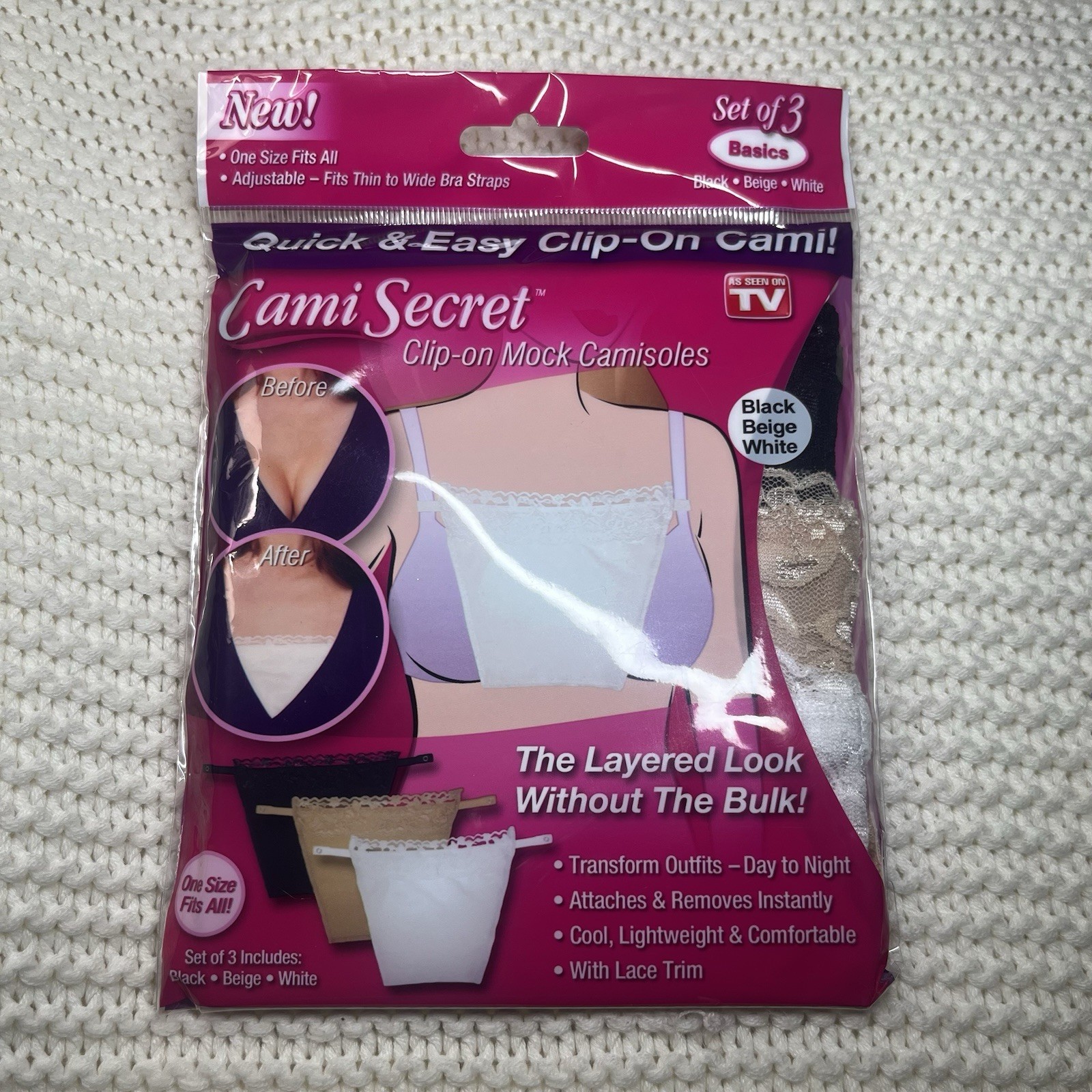 Cami Secret Clip On Mock Camisoles Set Of 3 Black Beige White New In Package