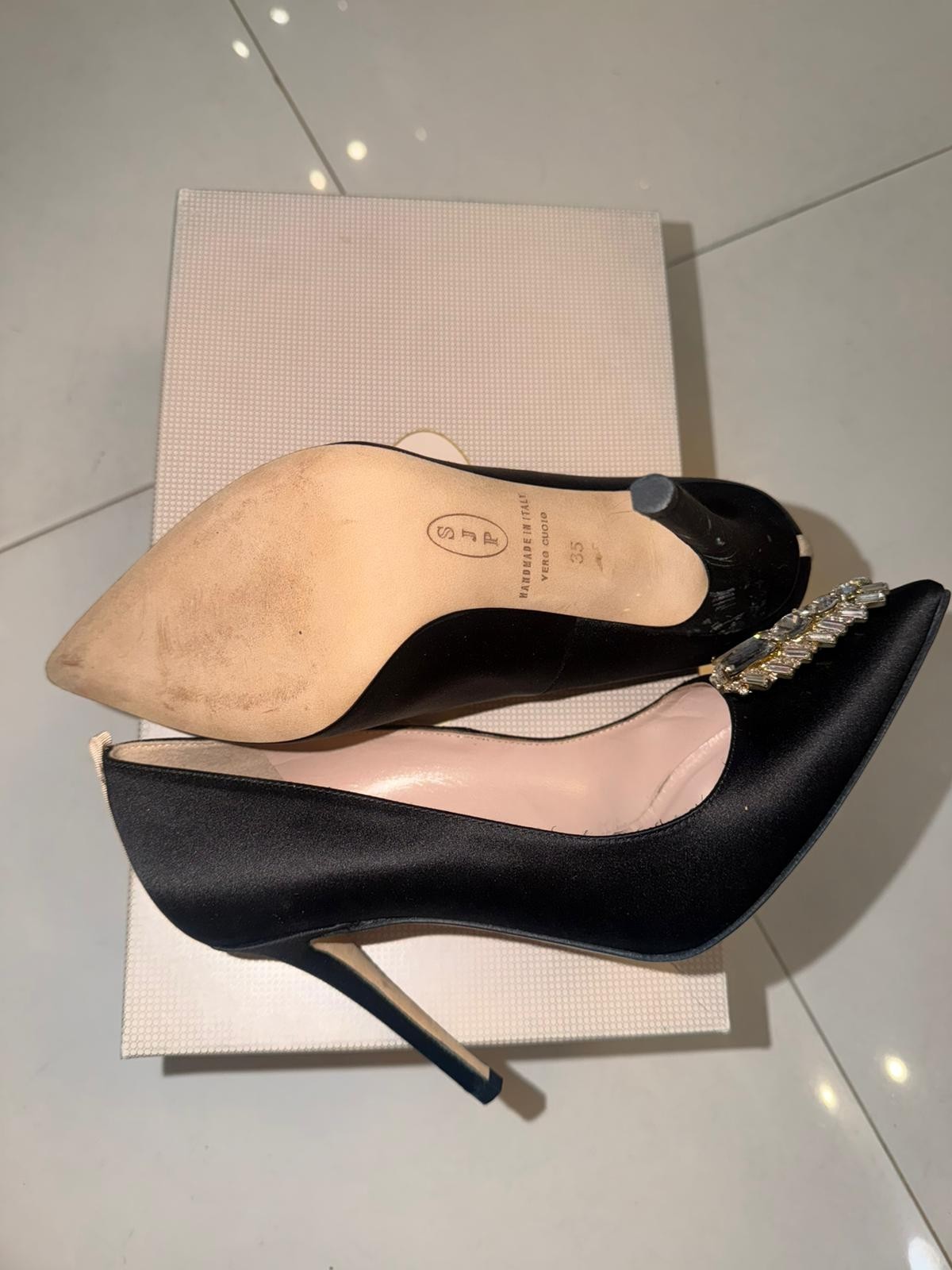 Autographed SJP Tempesta Black Satin Pumps EU 35 Sarah Jessica Parker Nordstrom