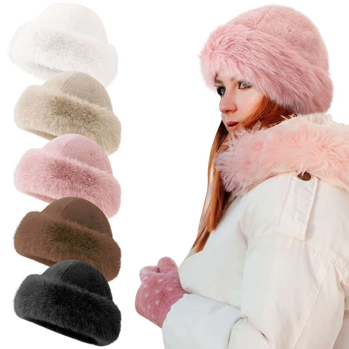 Fluffy Fur Bucket Hat Warm Fisherman Plush Winter Women Thick Furry Faux Russian
