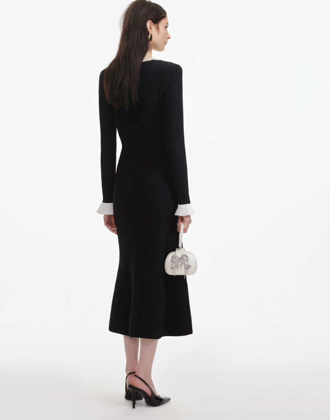 self-portrait – Black Pearl Trim Knit Midi Dress Small – MSRP $615 – NWT