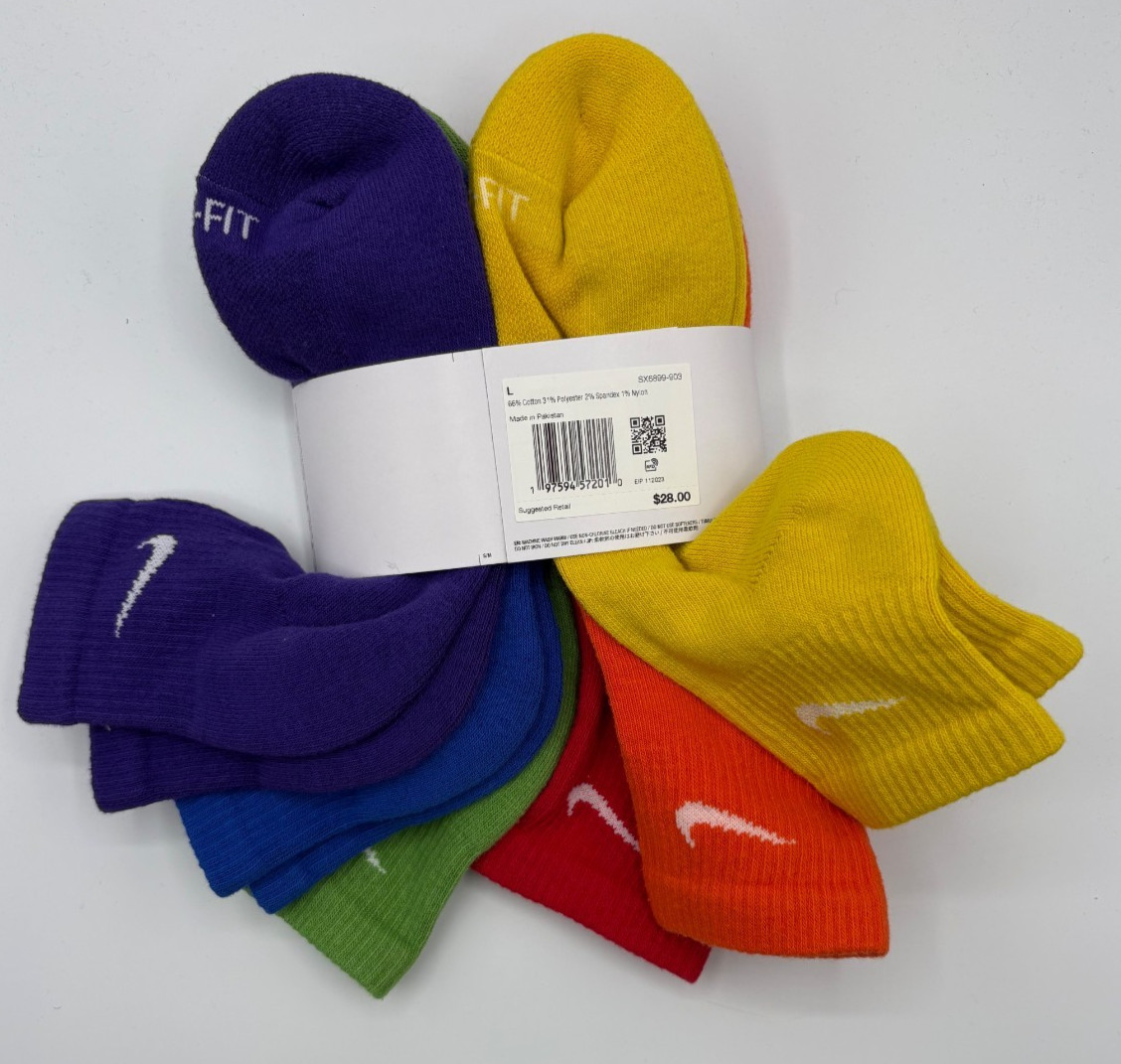 Nike Everyday Cushioned Quarter Socks Rainbow 6 Pairs Men’s Size 8-12 SX6899-903