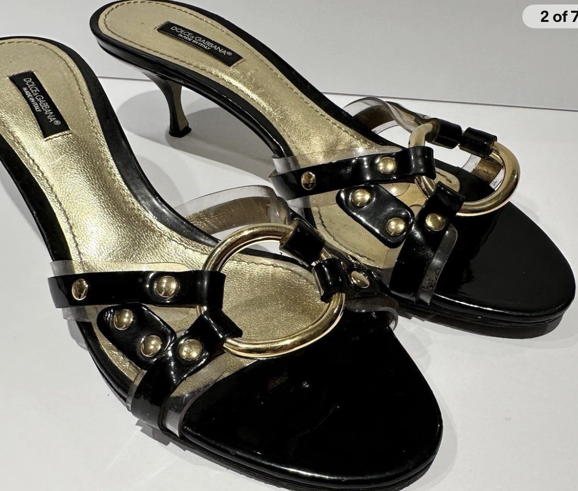 DOLCE & GABBANA Black Patent Leather Gold Rivets Mid Heel Sandals Shoes Size 10