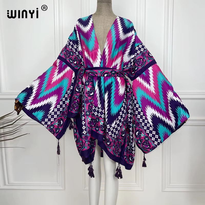 Red Africa Dress Women Cardigan Silky Robe Kimono Dress Cruise Wear Beach Dress