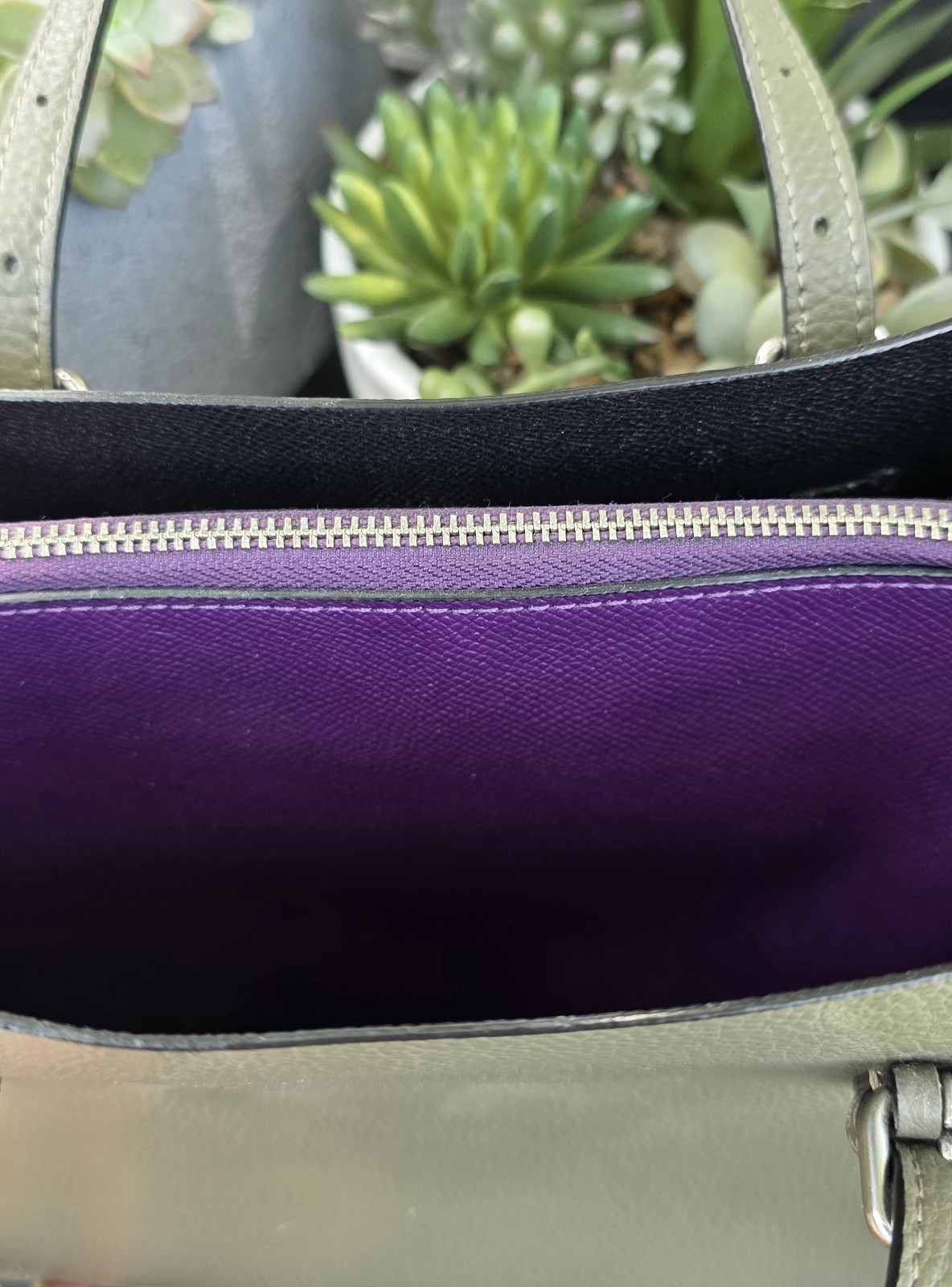 Coach Women’s Green Pebbled Satchel Top Handle Bag Zip, Purple Lined, Strap