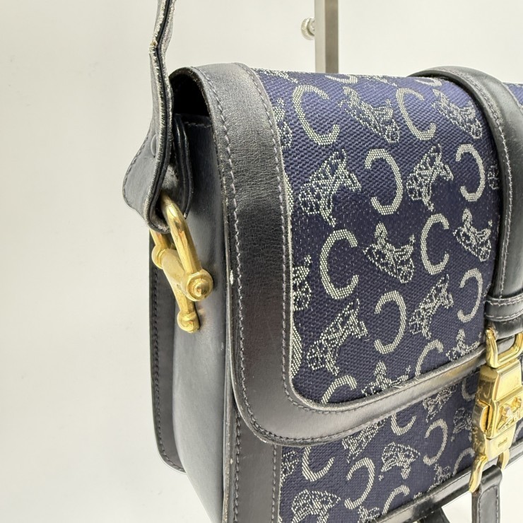 CELINE Sulky C Macadam Vintage Shoulder Bag Navy Canvas and Leather Gold-ton…