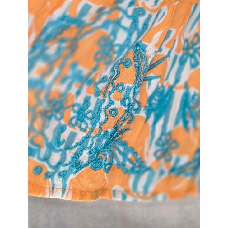 Crown & Ivy Orange Elephant Print Embroidered Peasant Blouse XS Teal Stripe