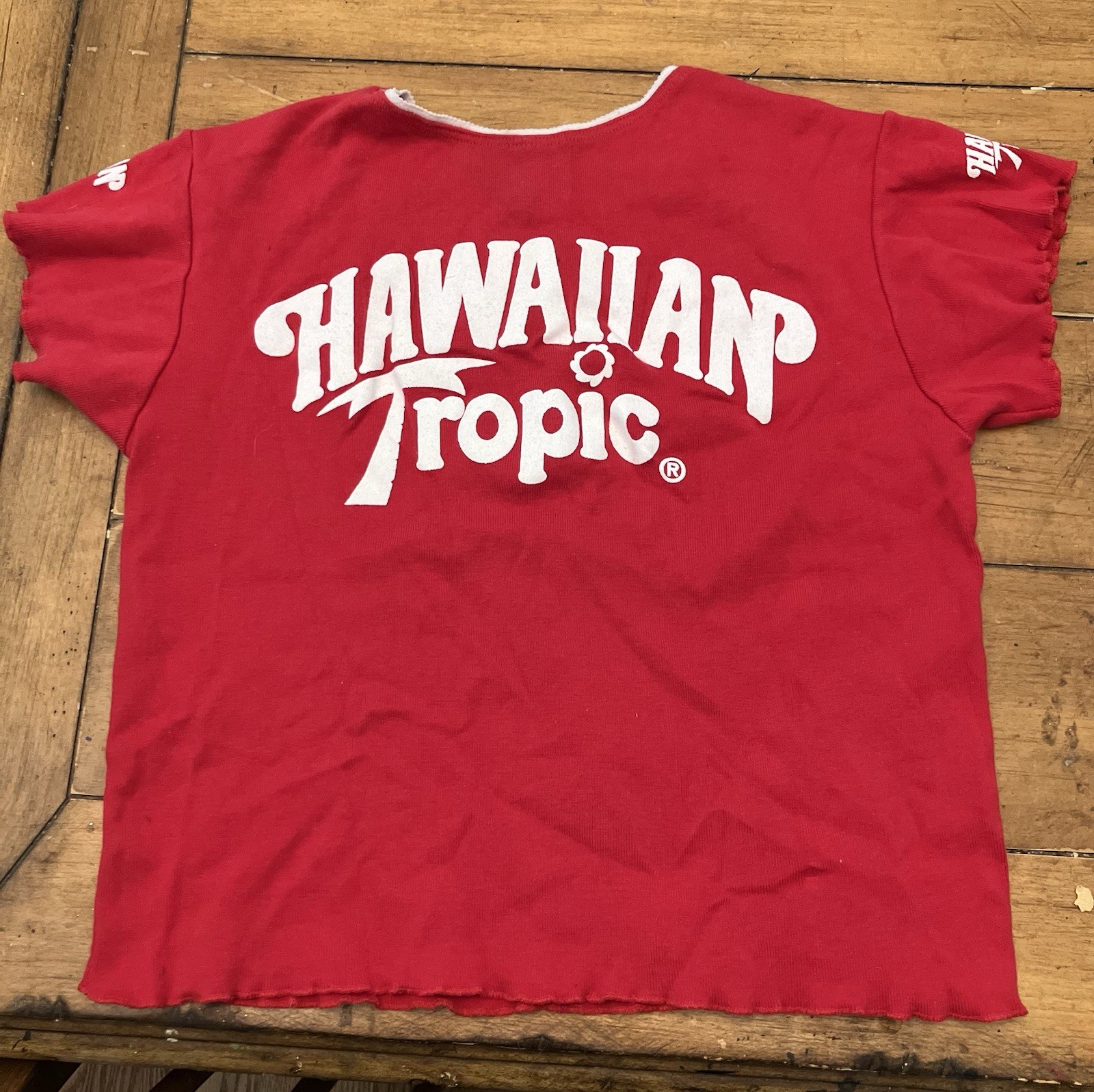RARE VTG 70’s/ 80s Red Hawaiian Tropic Tanning Lotions Oils Logo Crop Top Shirt