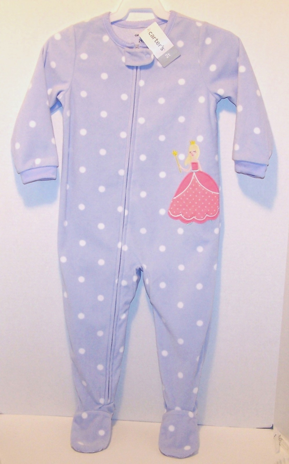 New CARTERS 1pc FLEECE Zip FOOTED Blue White Dot PRINCESS PAJAMAS PJs 24 months